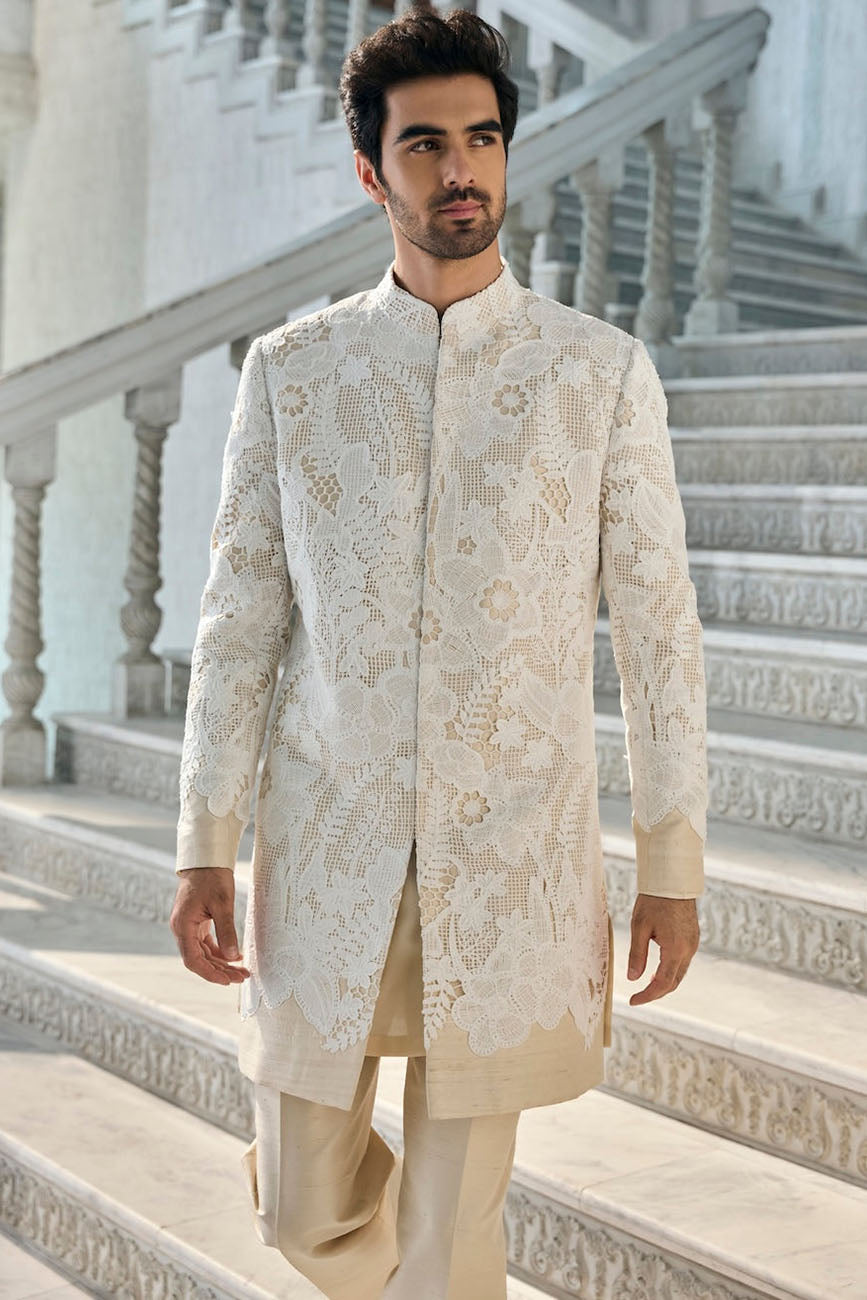 Nude Cut Work Sherwani Set