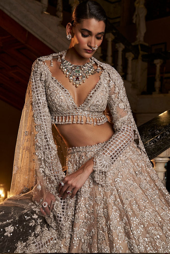 Nude Silver Cut Work Lehenga Set