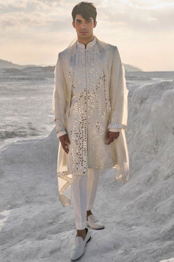 Off-White Mirror Work Sherwani Set