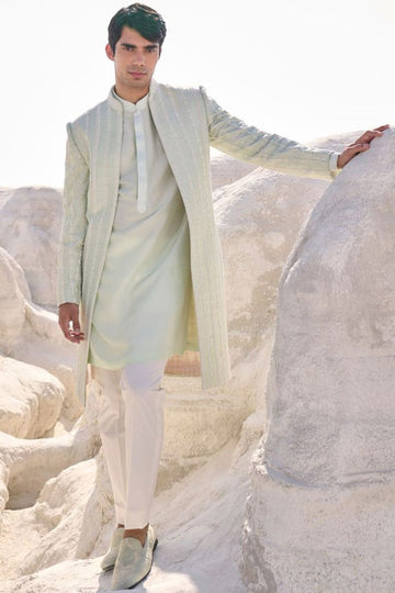 Sea Green Pearl Open Sherwani Set