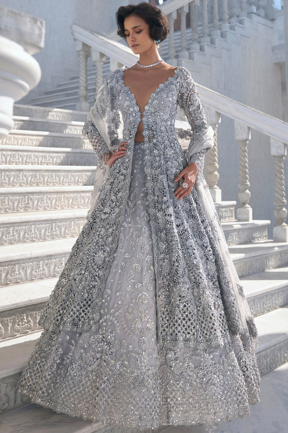 Silver Cut Work Jacket Lehenga Set