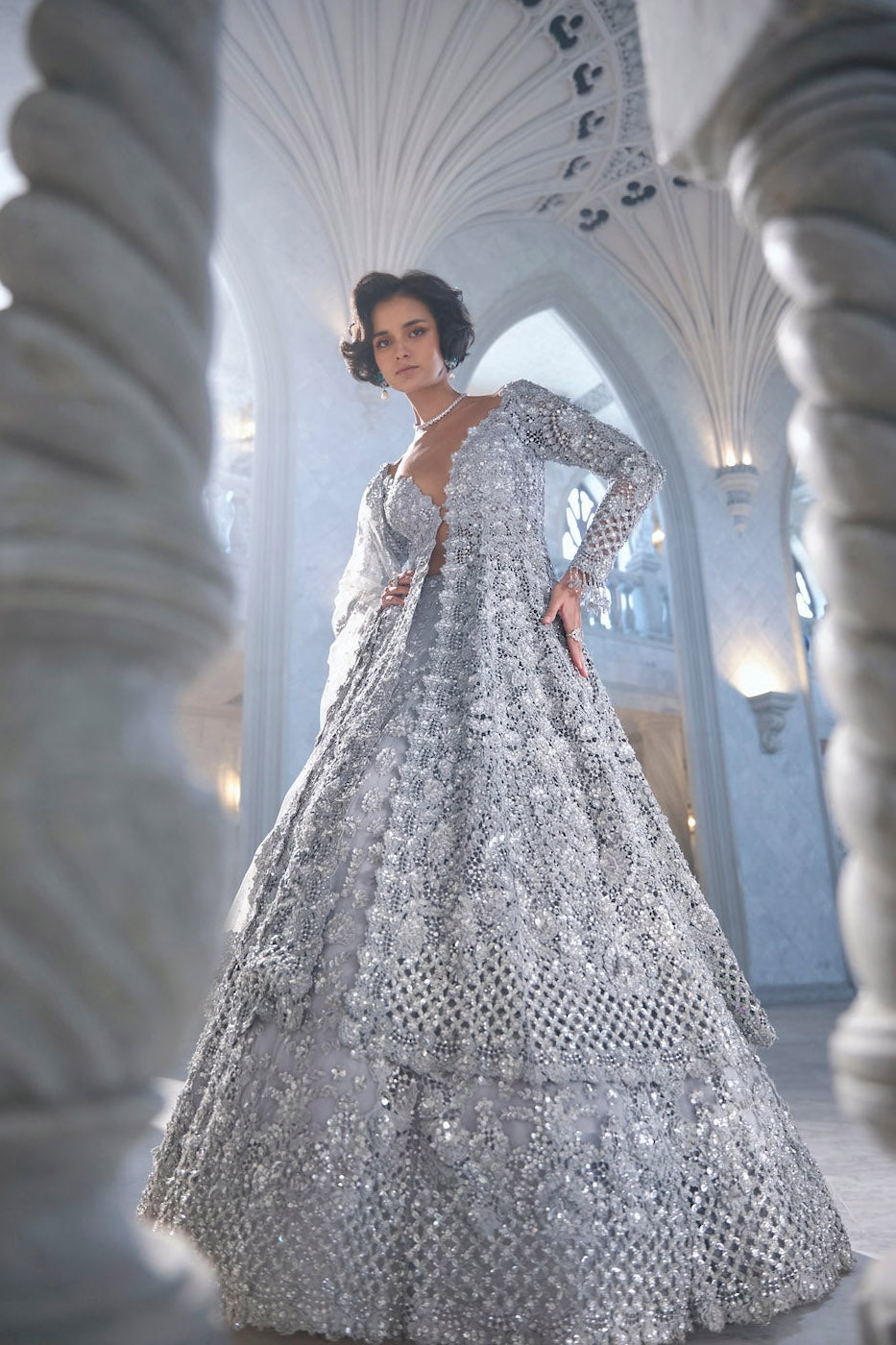 Silver Cut Work Jacket Lehenga Set