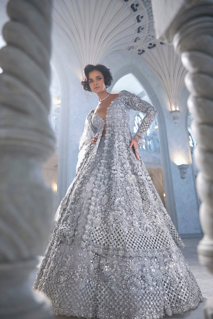 Silver Cut Work Jacket Lehenga Set