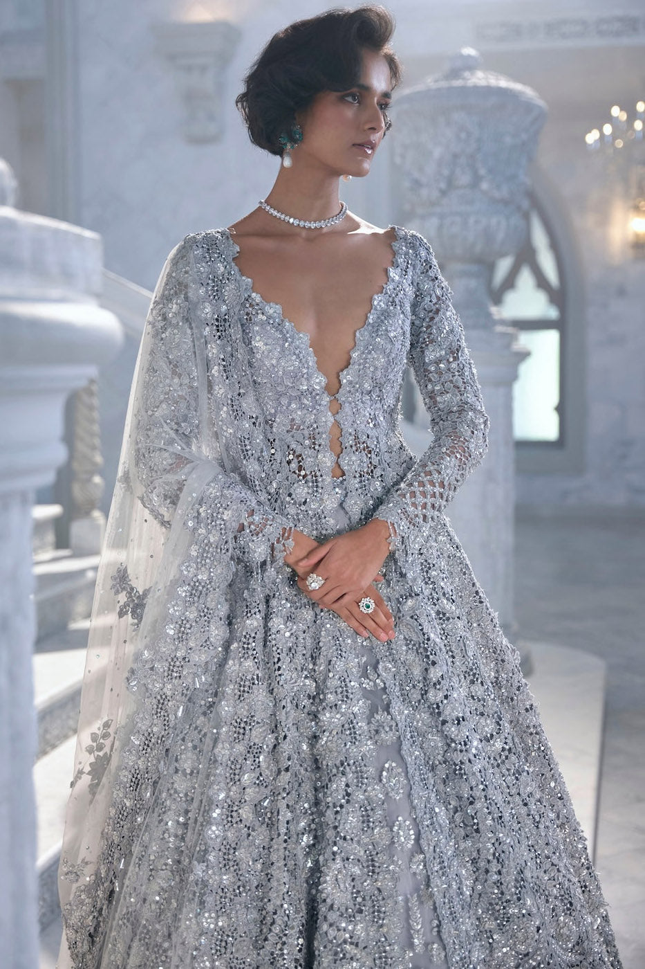 Silver Cut Work Jacket Lehenga Set