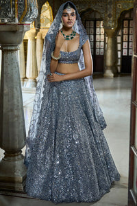 Steel Grey Mirror Work Lehenga Set