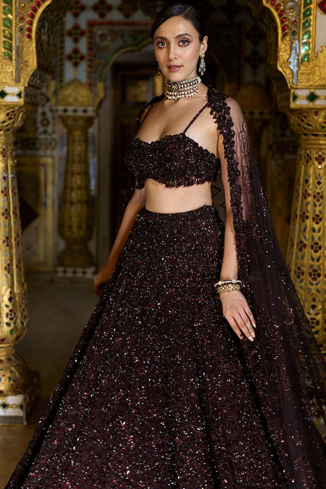 Wine Sequin Lehenga Set