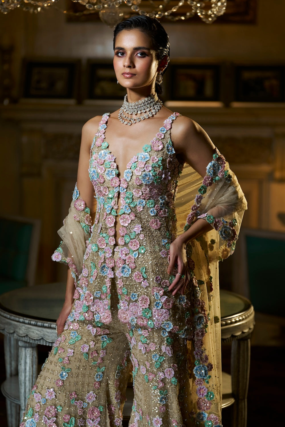 Multi-Coloured 3D Sharara Set