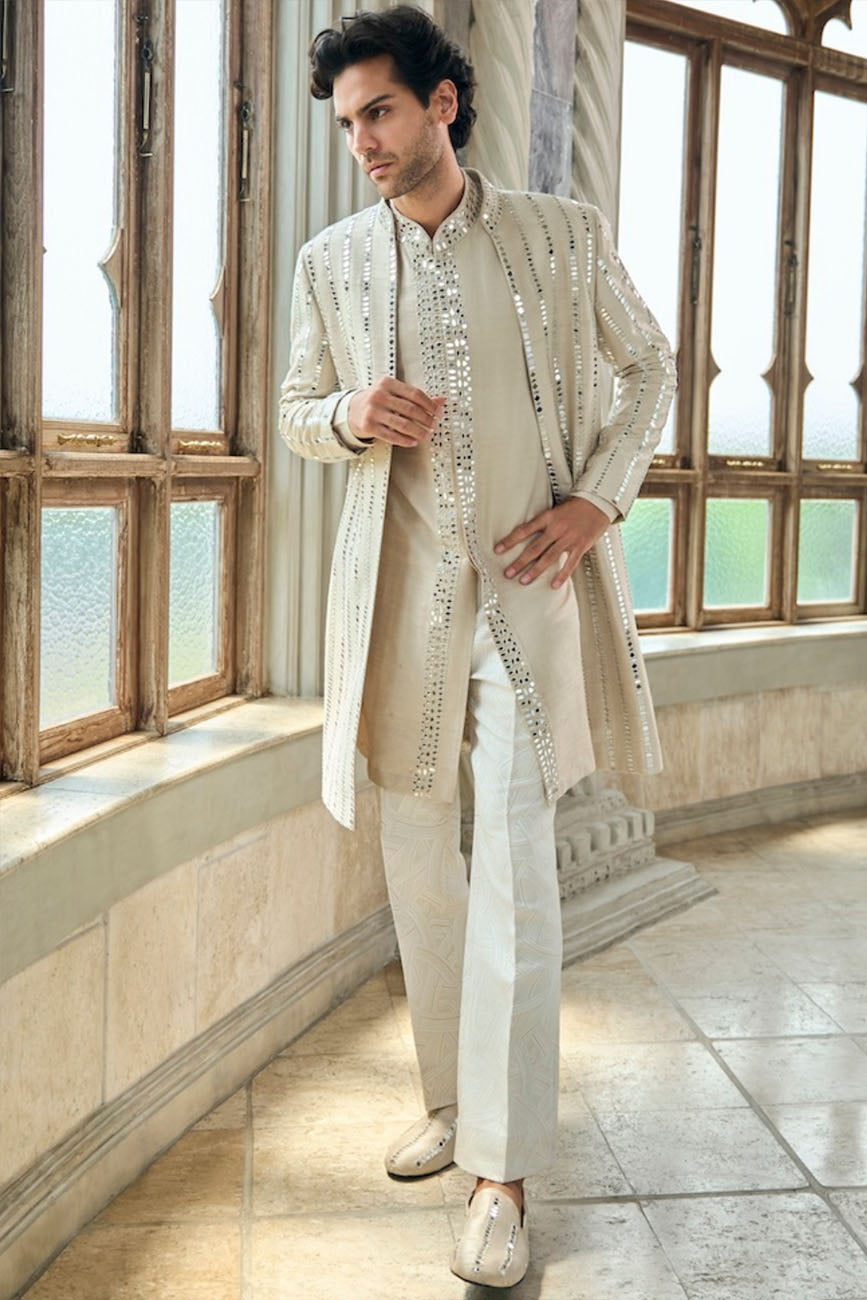 Beige Mirror Work Sherwani Set
