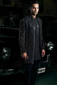 Black Abstract Open Sherwani Set