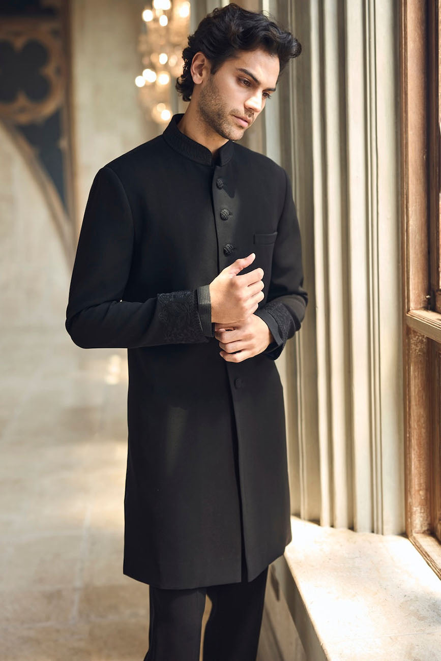 Black Thread Work Sherwani Set