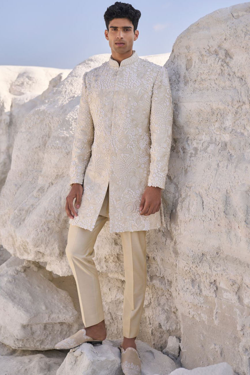 Cream Three Dimensional Floral Sherwani Set