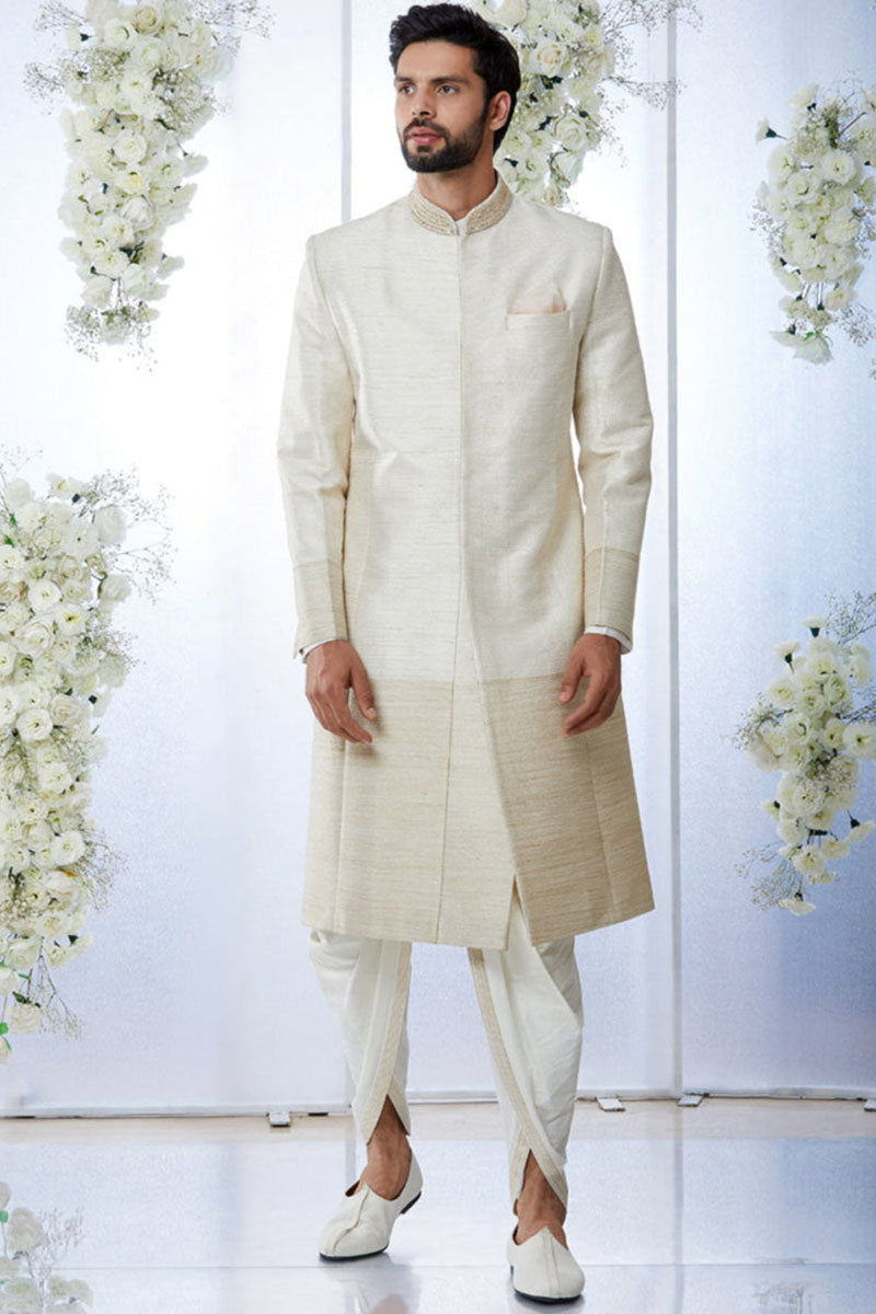 Cream Gold Sherwani Set