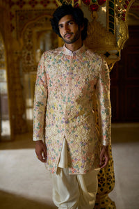 Cream Multi-Coloured Three-Dimensional Sherwani