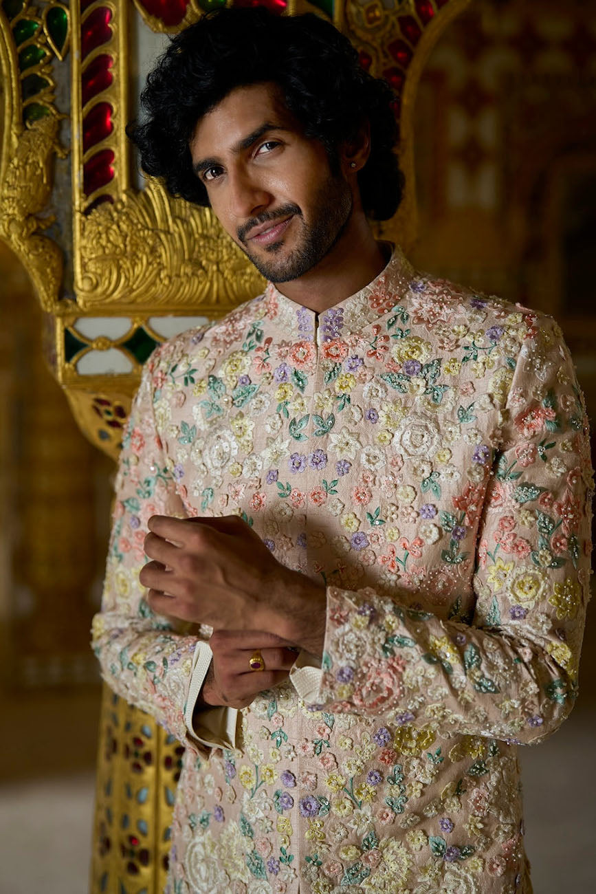 Cream Multi-Coloured Three-Dimensional Sherwani