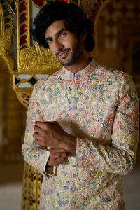 Cream Multi-Coloured Three-Dimensional Sherwani