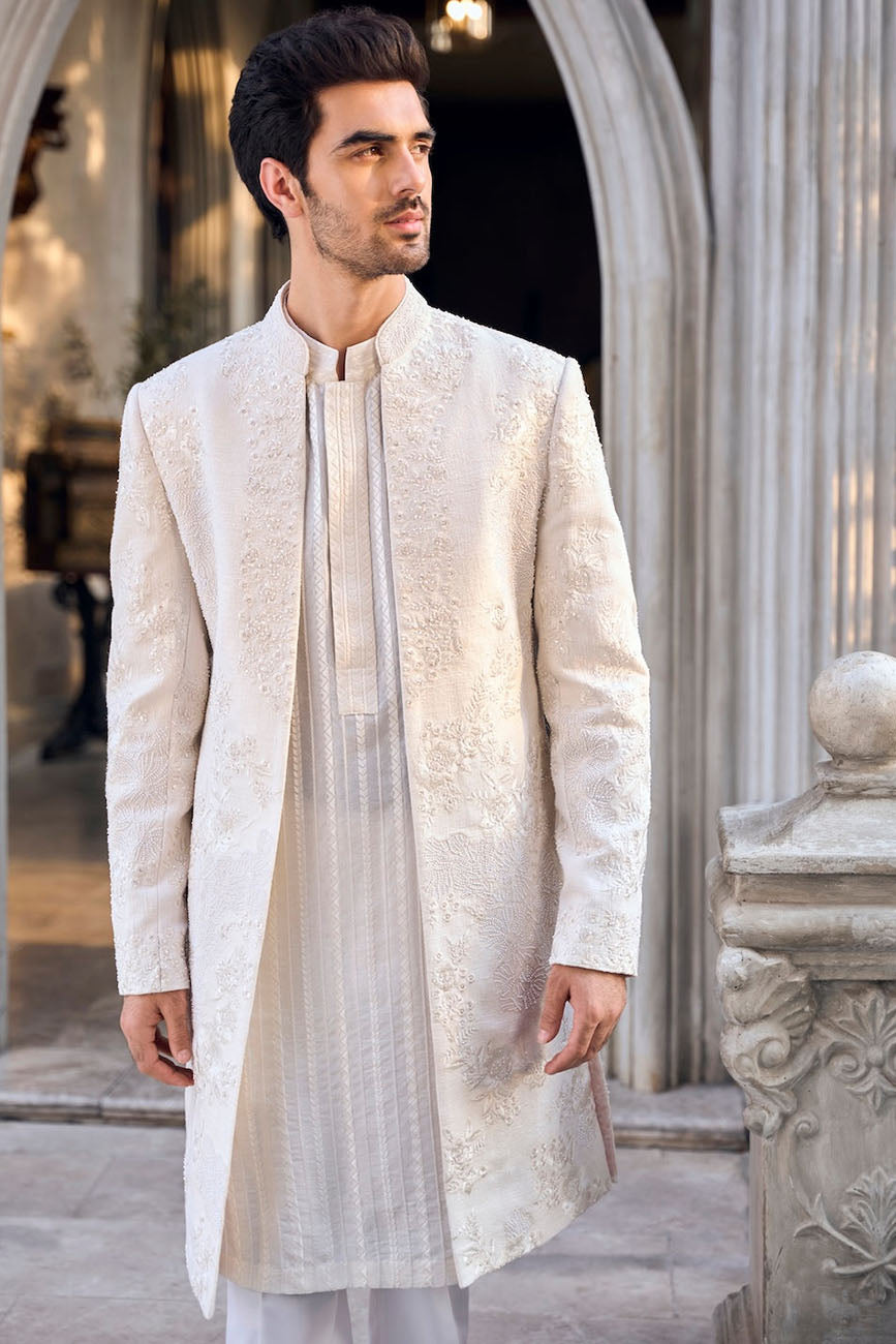 Cream Open Sherwani Set