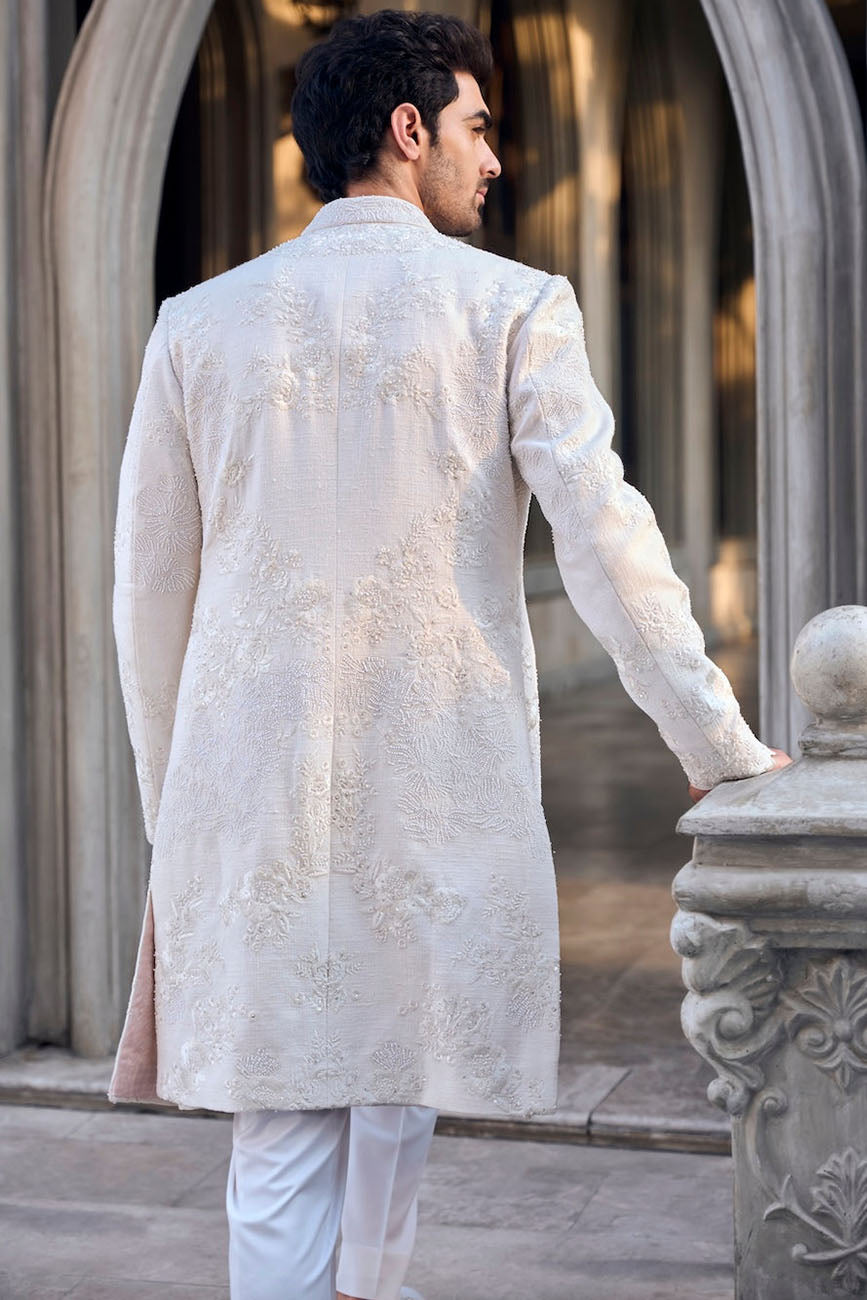 Cream Open Sherwani Set