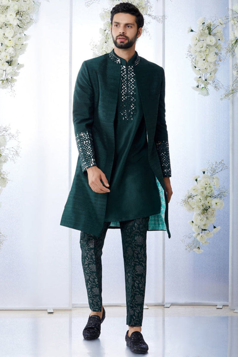 Emerald Green Mirror Open Sherwani Set