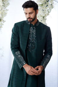 Emerald Green Mirror Open Sherwani Set