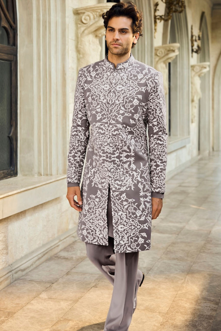 Grey Abstract Sherwani Set
