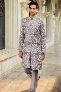 Grey Abstract Sherwani Set