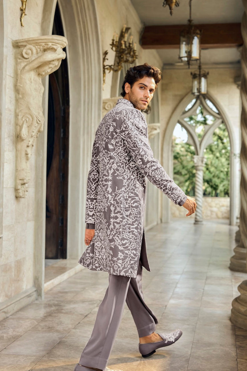Grey Abstract Sherwani Set