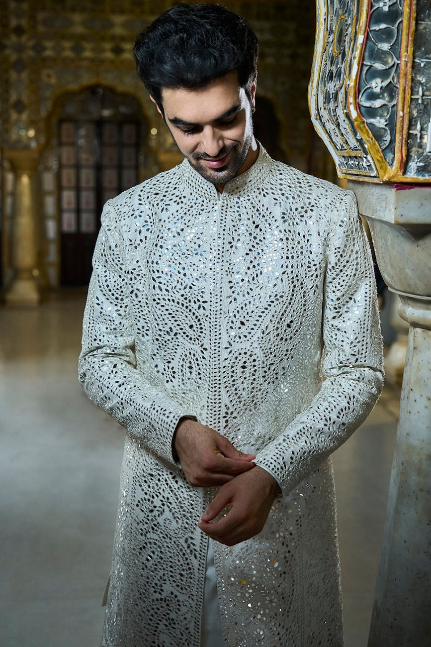 Ivory Mirror Work Sherwani Set