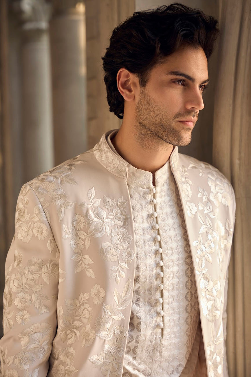Light Beige Open Sherwani Set