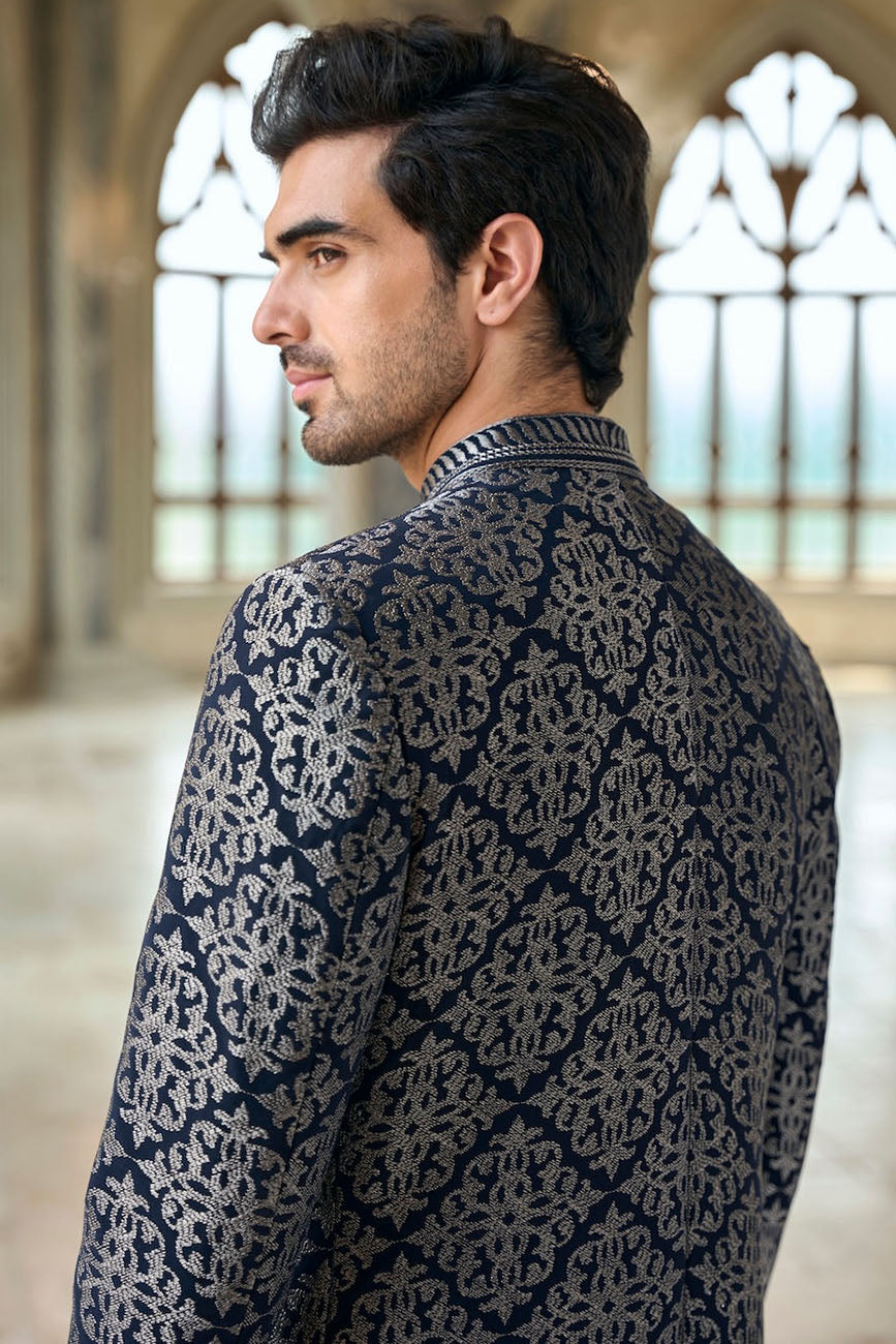 Navy & Silver Zari Sherwani Set
