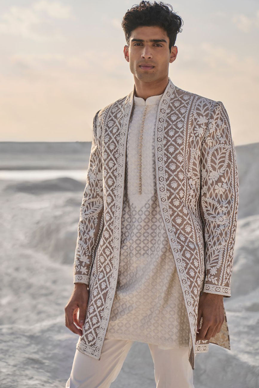 Nude Cream Open Sherwani Set
