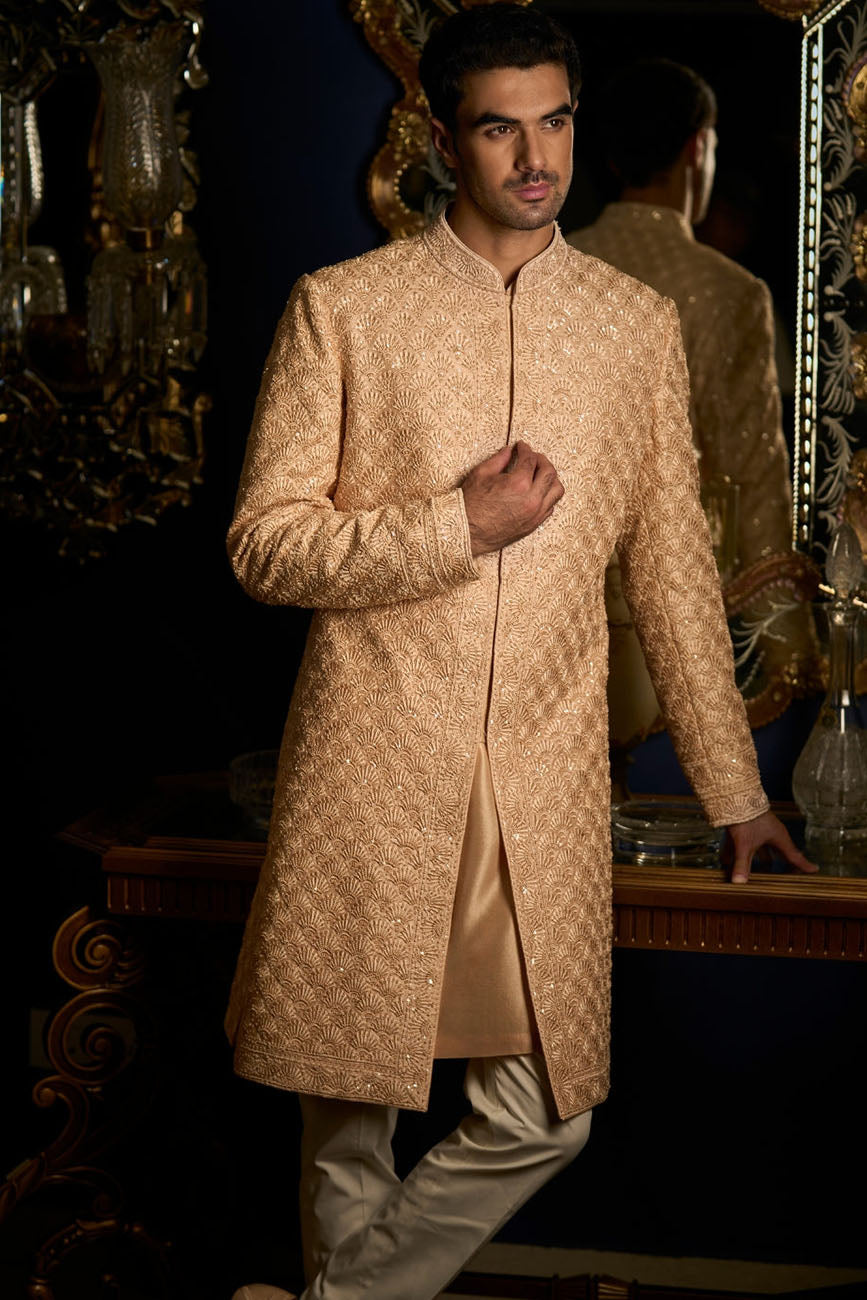Peach Thread Sequin Sherwani Set