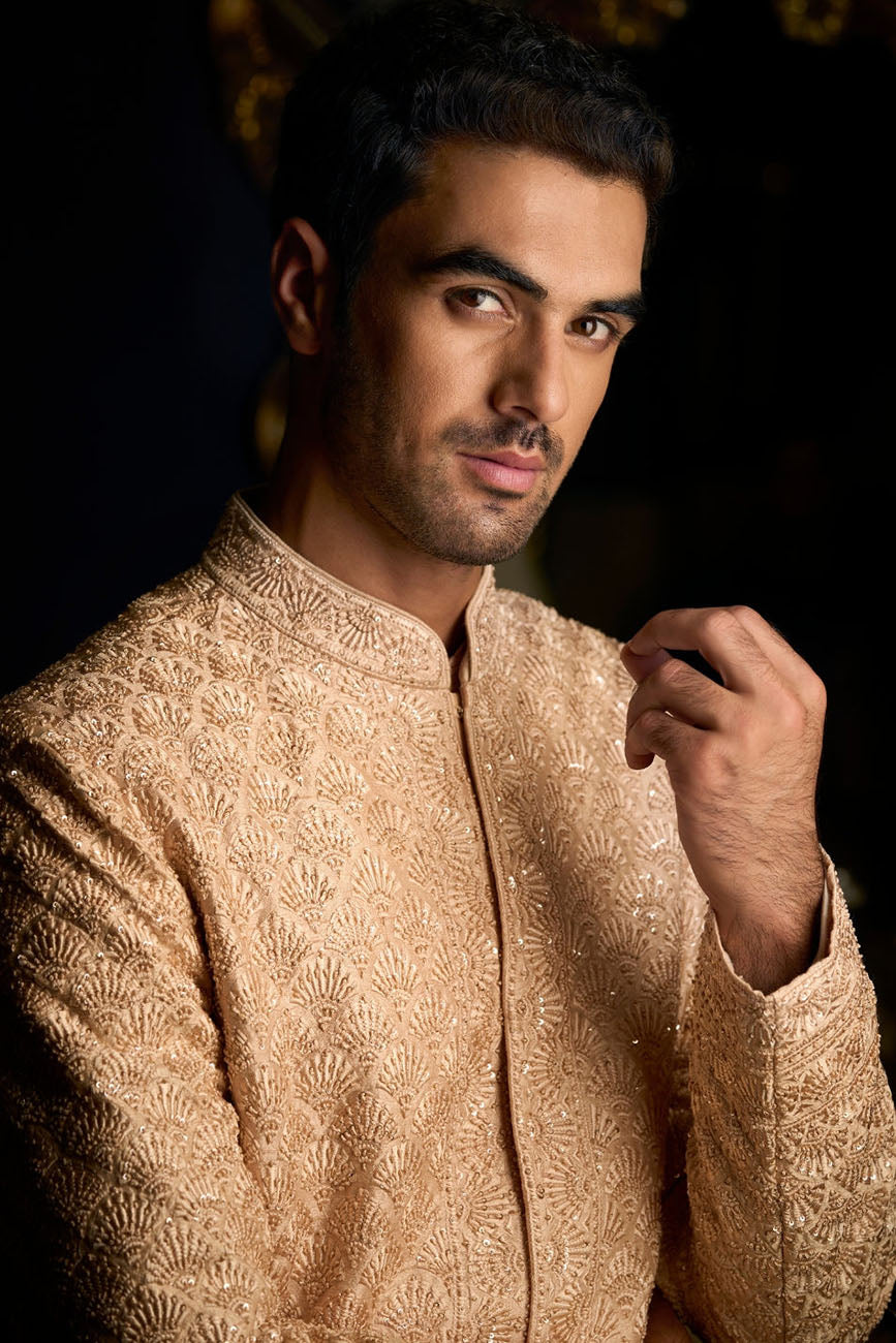 Peach Thread Sequin Sherwani Set