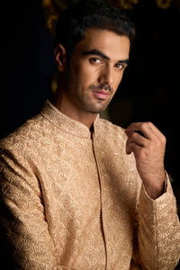 Peach Thread Sequin Sherwani Set