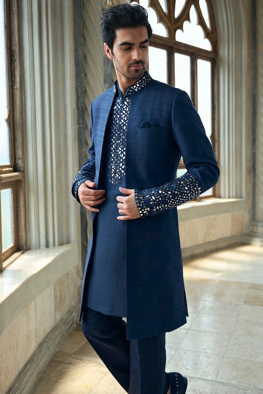 Persian Blue Mirror Open Sherwani Set