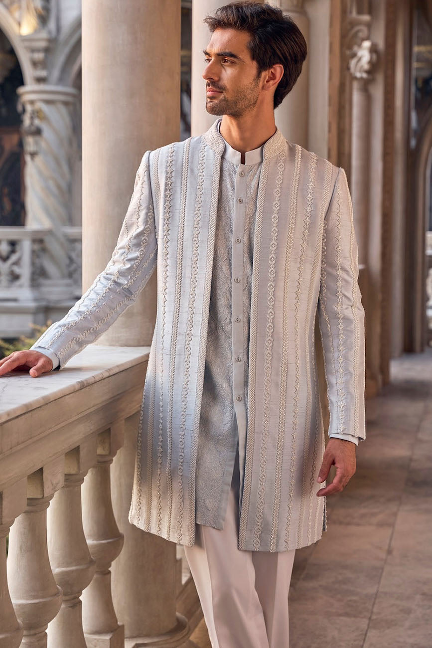 Powder Blue Pearl Open Sherwani Set