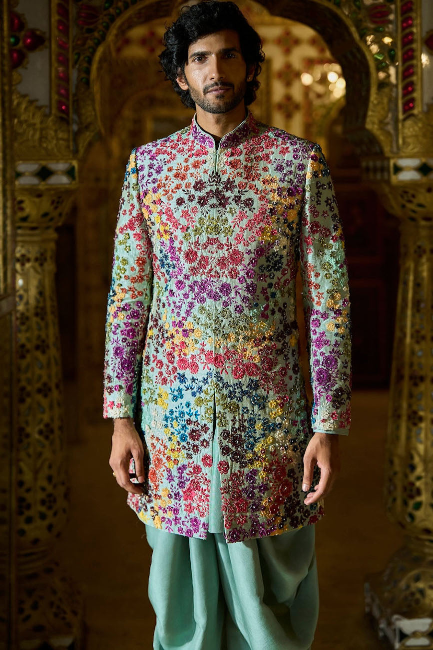 Sage Green Multi-Coloured Three-Dimensional Sherwani Set