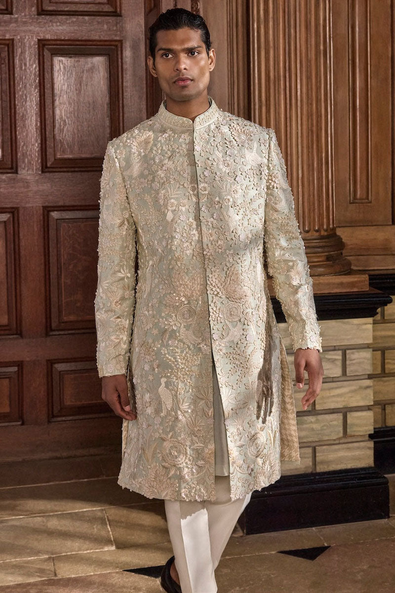 Sea Green Three Dimensional Floral Sherwani Set