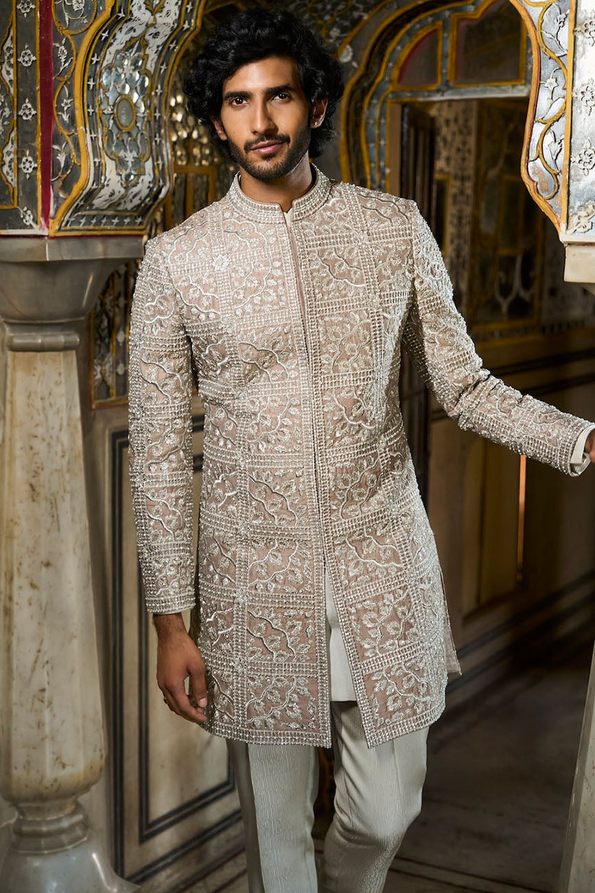 Silver Geometric Sherwani Set