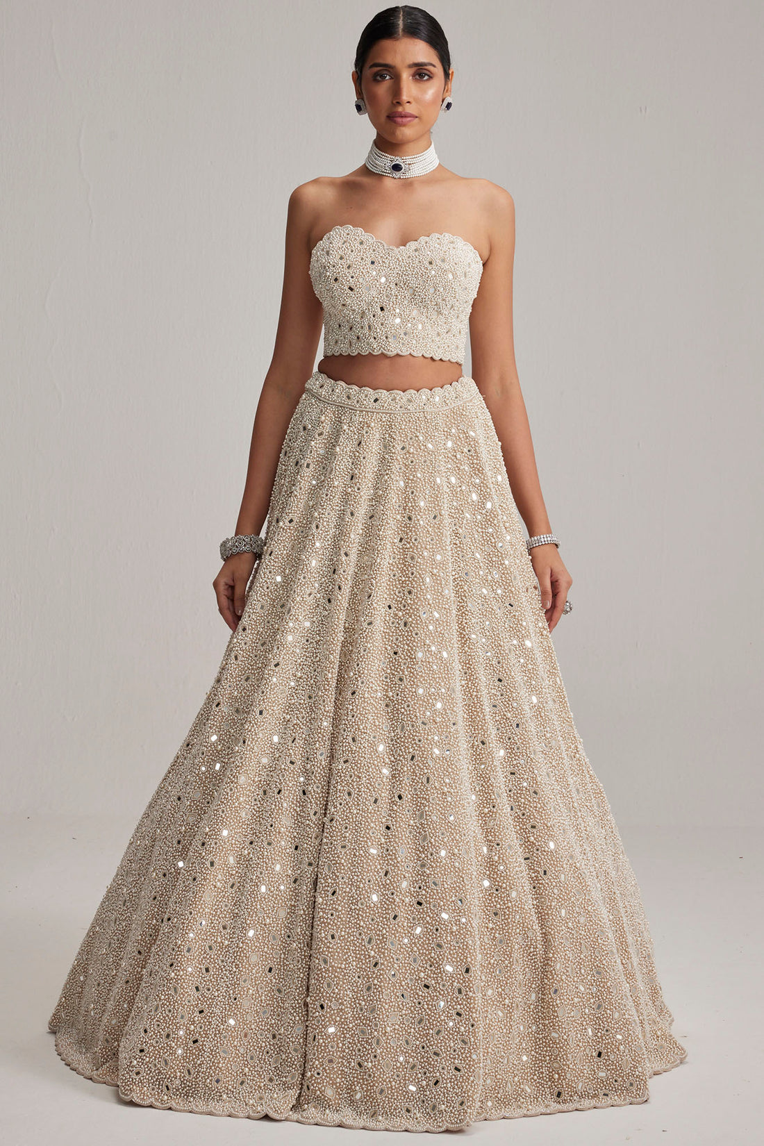 Light Beige Mirror & Pearl Corset Lehenga Set