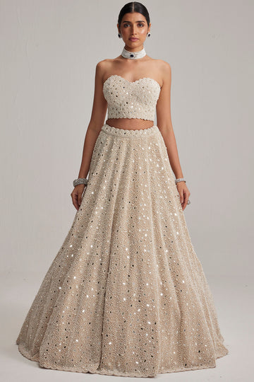 Light Beige Mirror & Pearl Corset Lehenga Set