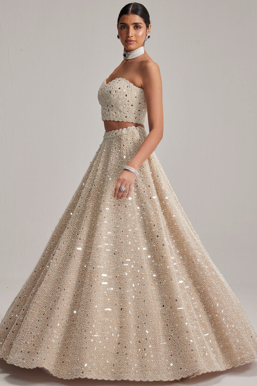 Light Beige Mirror & Pearl Corset Lehenga Set