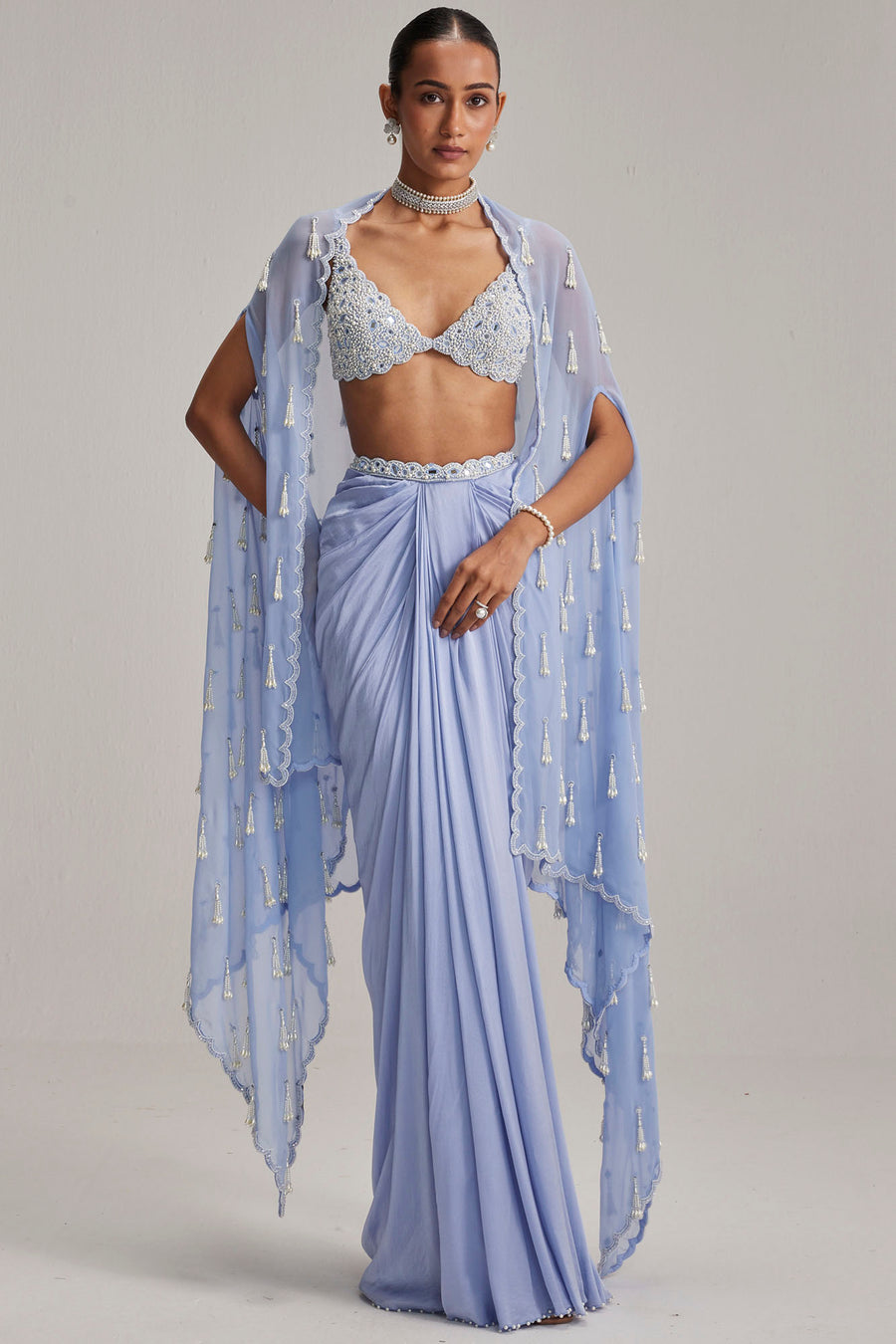 Dew Blue Cape And Draped Skirt Set