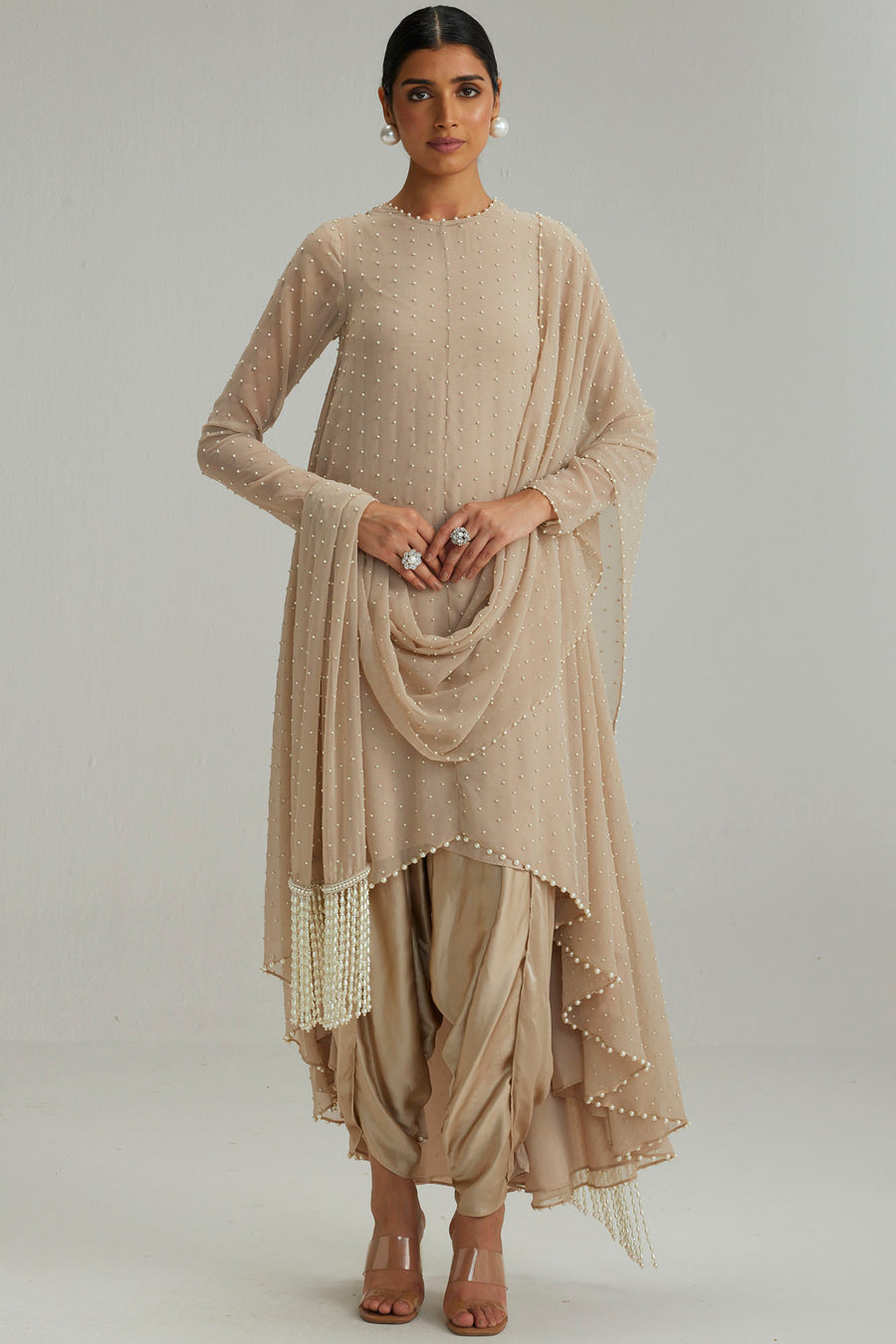 Light Beige Pearl Kurta With Stole Set