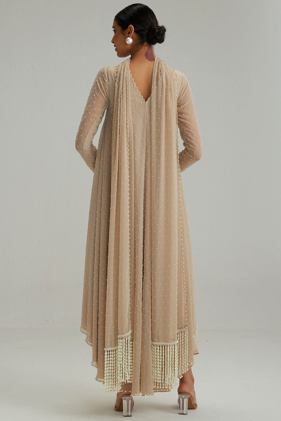 Light Beige Pearl Kurta With Stole Set