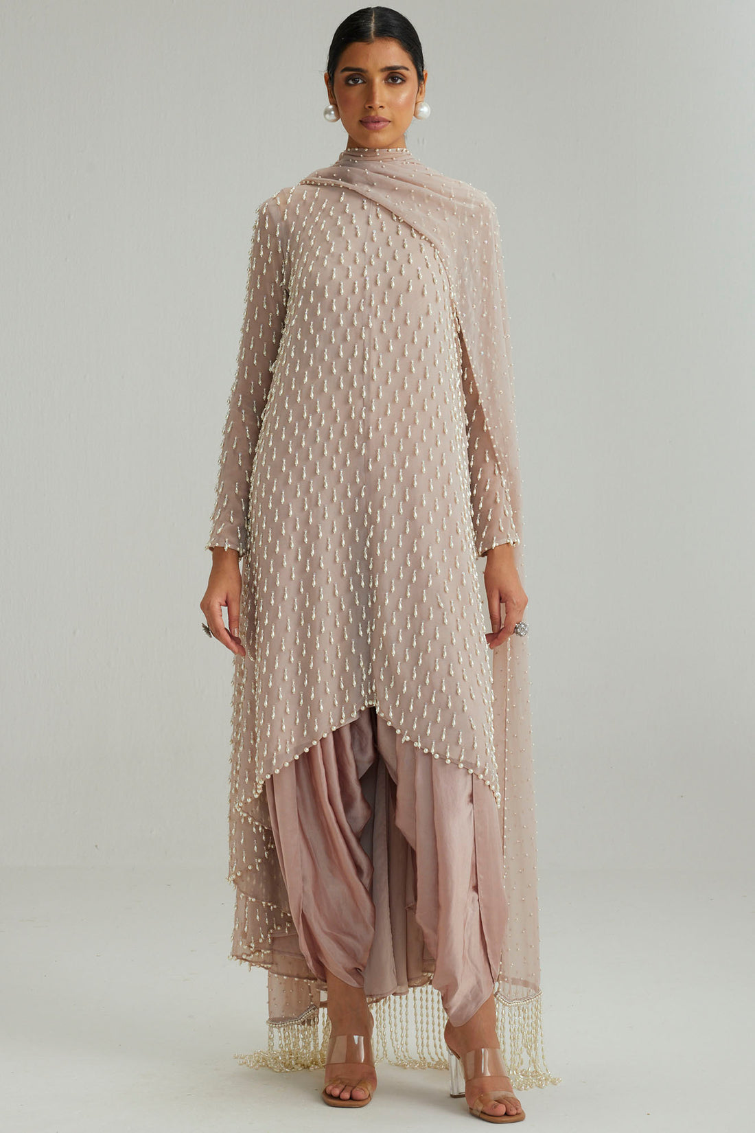 Ash Pink Pearl Drop Kurta Set With Dupatta