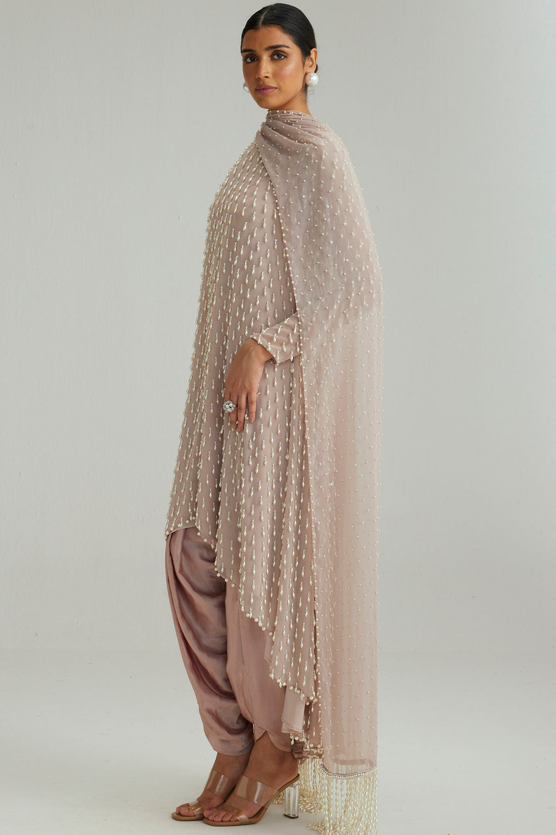 Ash Pink Pearl Drop Kurta Set With Dupatta