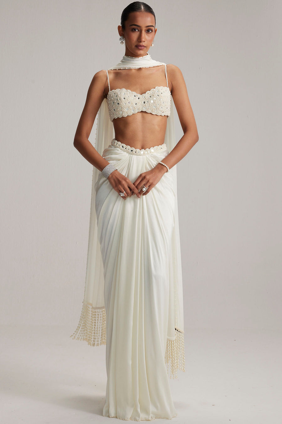Off White Satin Draped Skirt Set
