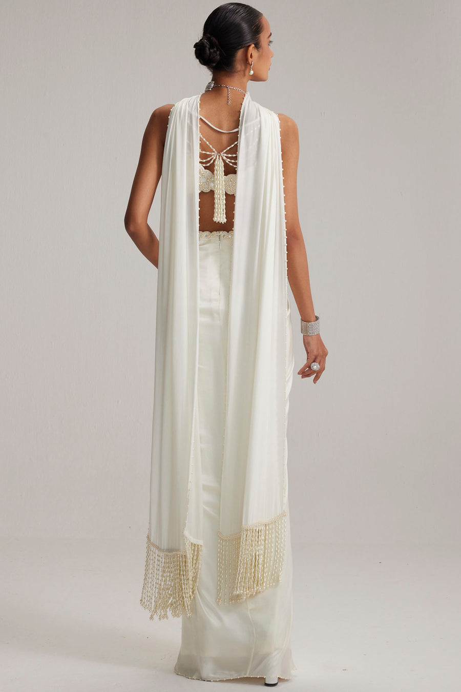 Off White Satin Draped Skirt Set