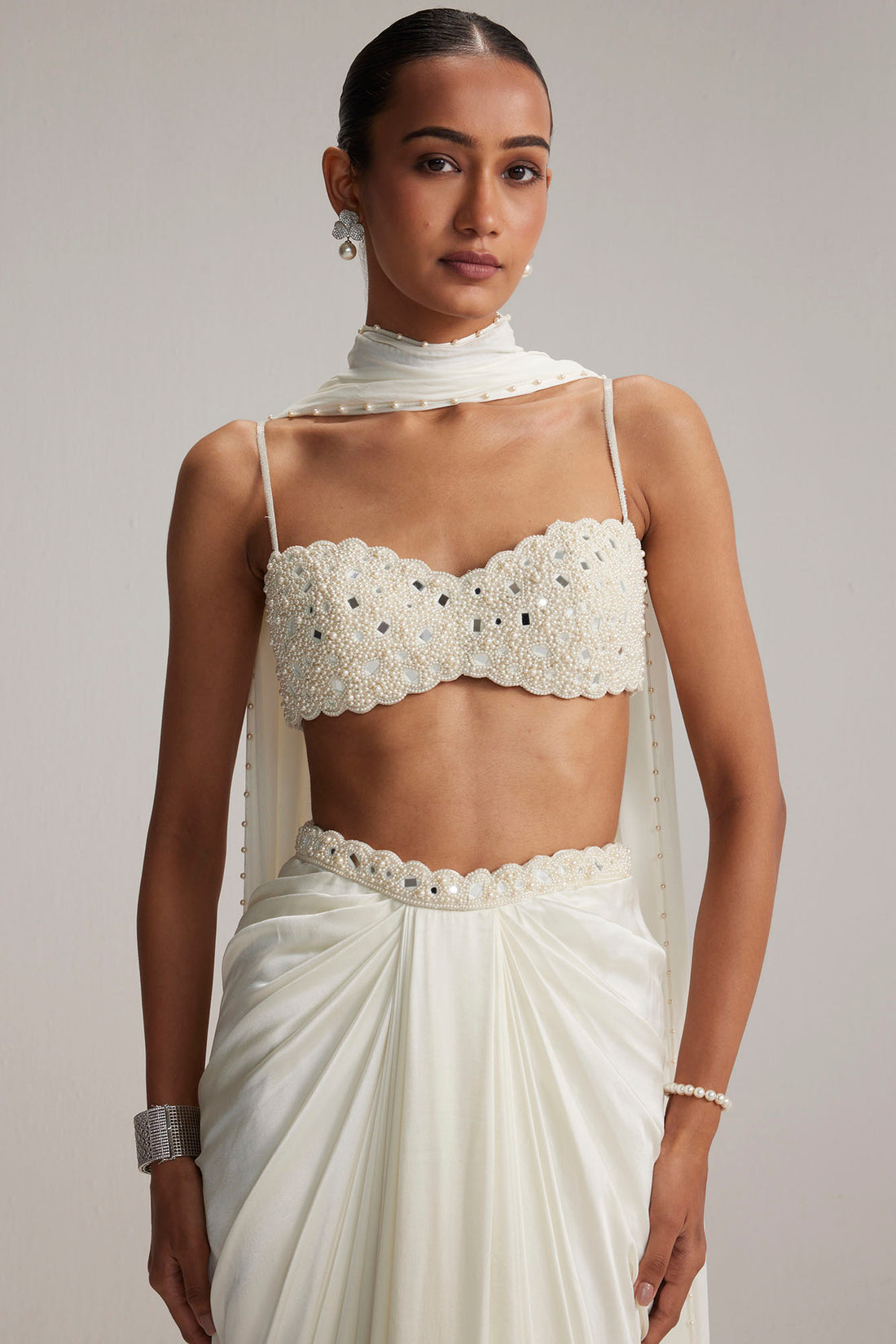 Off White Satin Draped Skirt Set