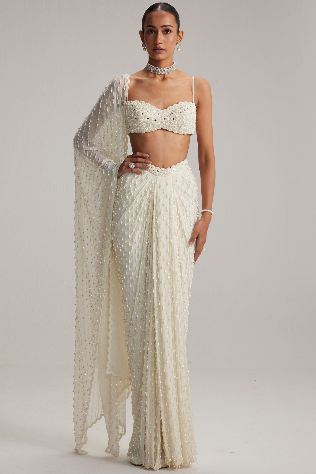 Pearl White Draped Skirt Set